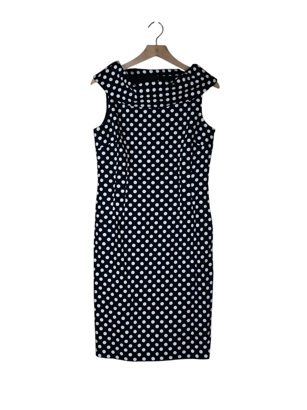 Tahari Women's 10 Dark Navy Blue Polka Dot Cowl Neck Lined Dress
